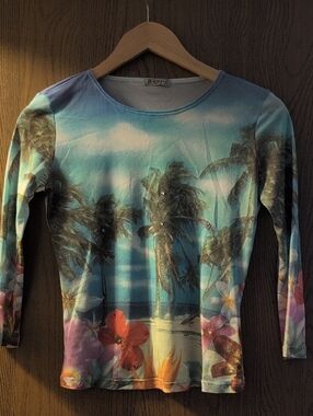 Vintage Seraph Blue and Pink Tropical Palm-Print Long Sleeve Top